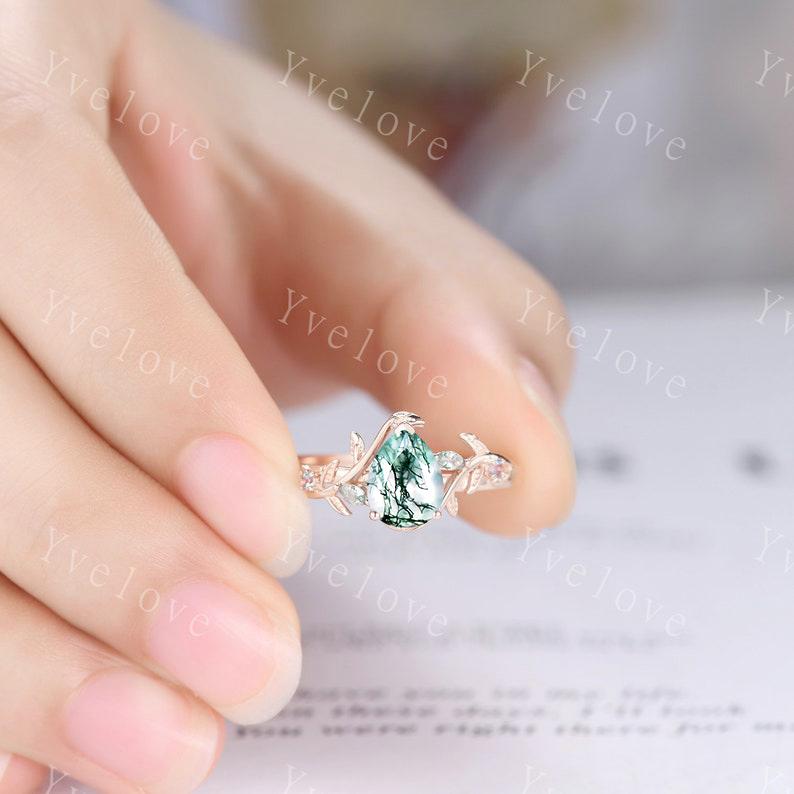 Teardrop Moss Agate Engagement ring 14K Rose Gold Leaf Nature Inspired Bridal Sets Promise Ring Green Gemstone Ring Jewelry gifts for her