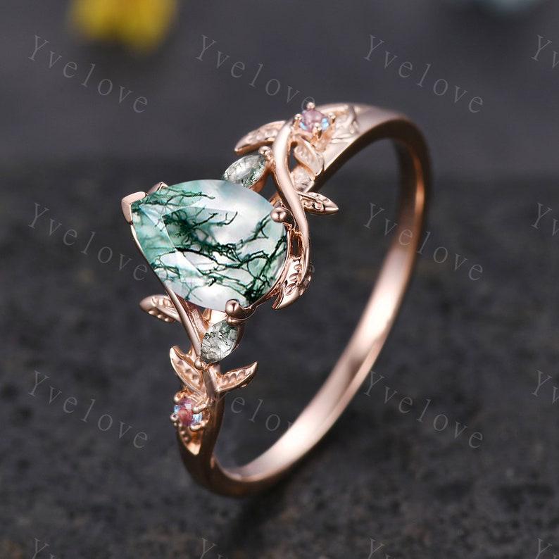 Teardrop Moss Agate Engagement ring 14K Rose Gold Leaf Nature Inspired Bridal Sets Promise Ring Green Gemstone Ring Jewelry gifts for her