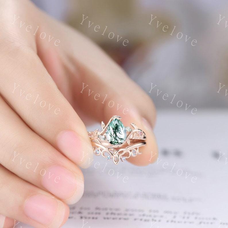 Teardrop Moss Agate Engagement ring 14K Rose Gold Leaf Nature Inspired Bridal Sets Promise Ring Green Gemstone Ring Jewelry gifts for her