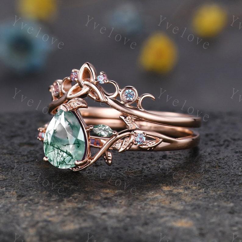 Teardrop Moss Agate Engagement ring 14K Rose Gold Leaf Nature Inspired Bridal Sets Promise Ring Green Gemstone Ring Jewelry gifts for her