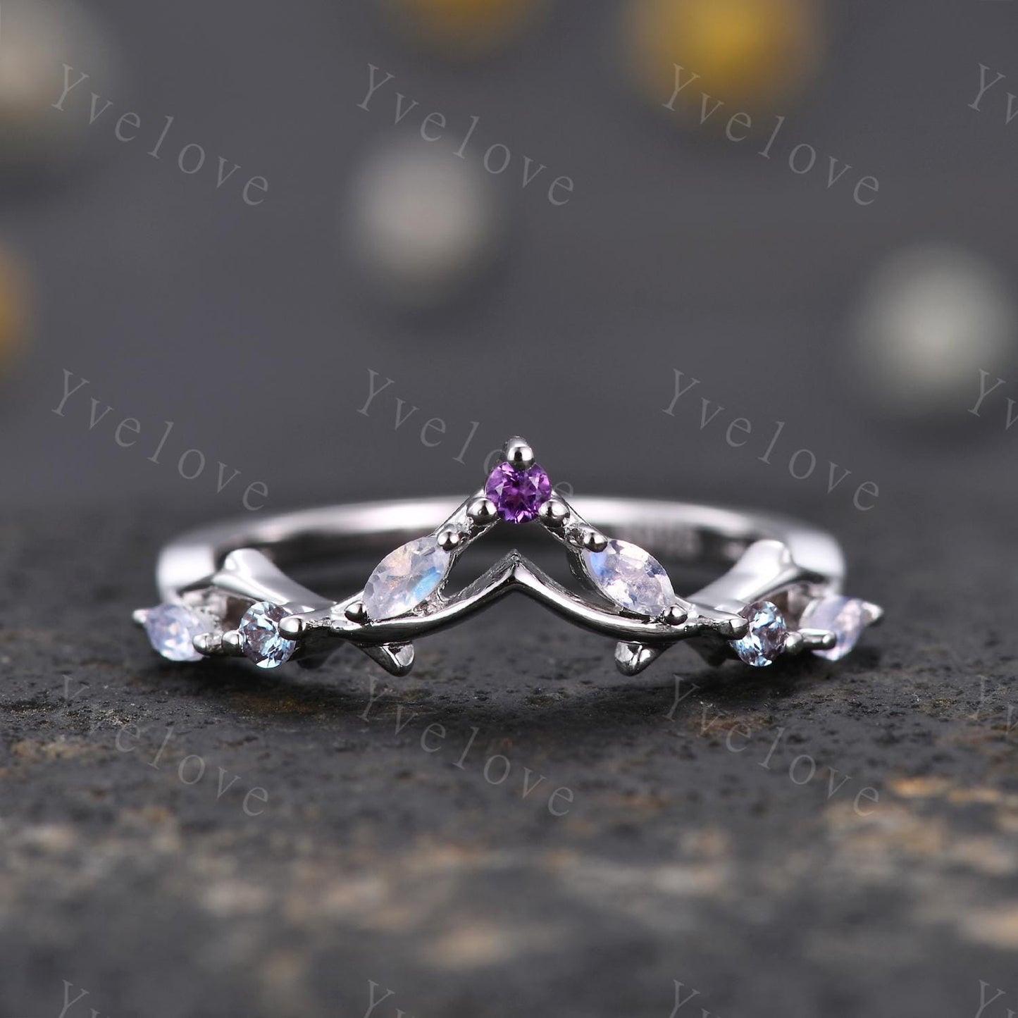 Antique Amethyst Moonstone wedding band alexandrite Ring,Women Twig Matching Band,Art Deco Curved Branch Wedding Band,Birthstone Ring,Custom