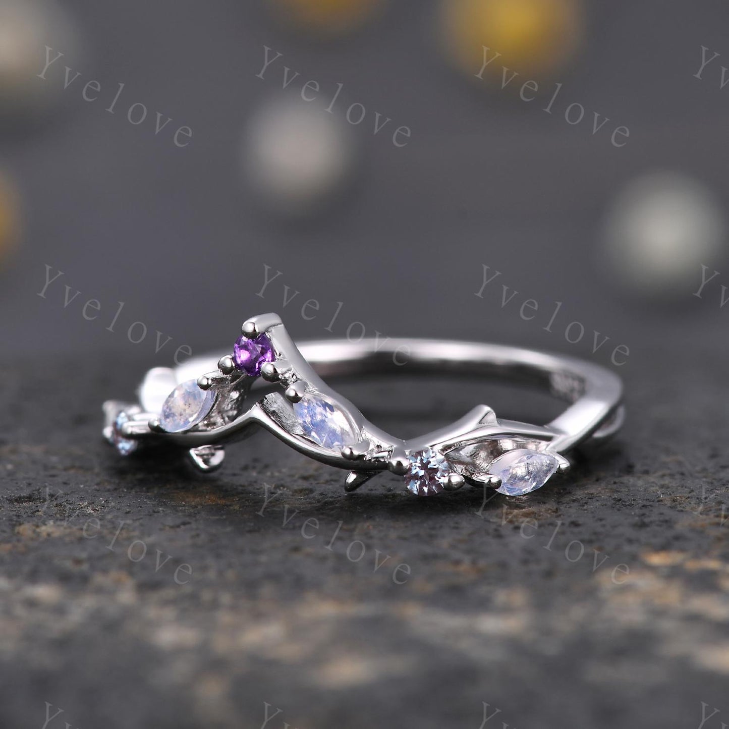 Antique Amethyst Moonstone wedding band alexandrite Ring,Women Twig Matching Band,Art Deco Curved Branch Wedding Band,Birthstone Ring,Silver