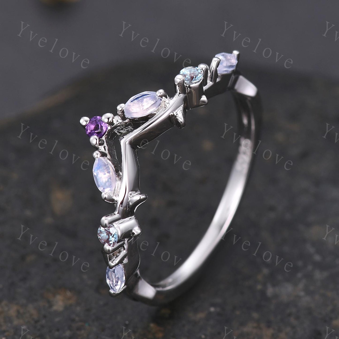Antique Amethyst Moonstone wedding band alexandrite Ring,Women Twig Matching Band,Art Deco Curved Branch Wedding Band,Birthstone Ring,Silver