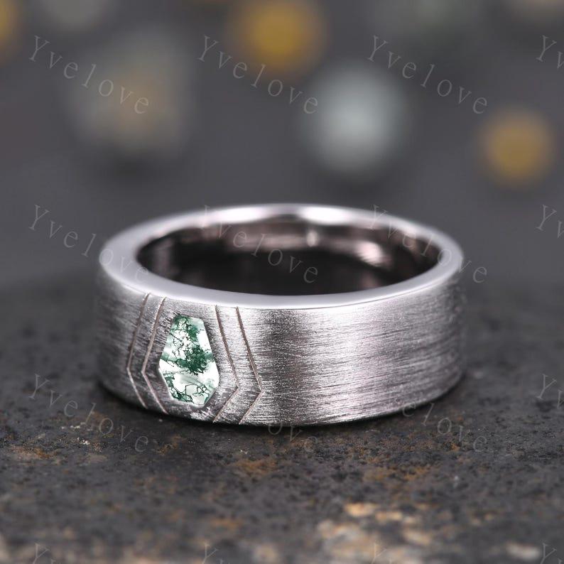 7mm Mens Coffin Cut Moss Agate Wedding Band Green Agate Engagement Ring Brushed Finish Band Mens Stacking Band His Wedding band