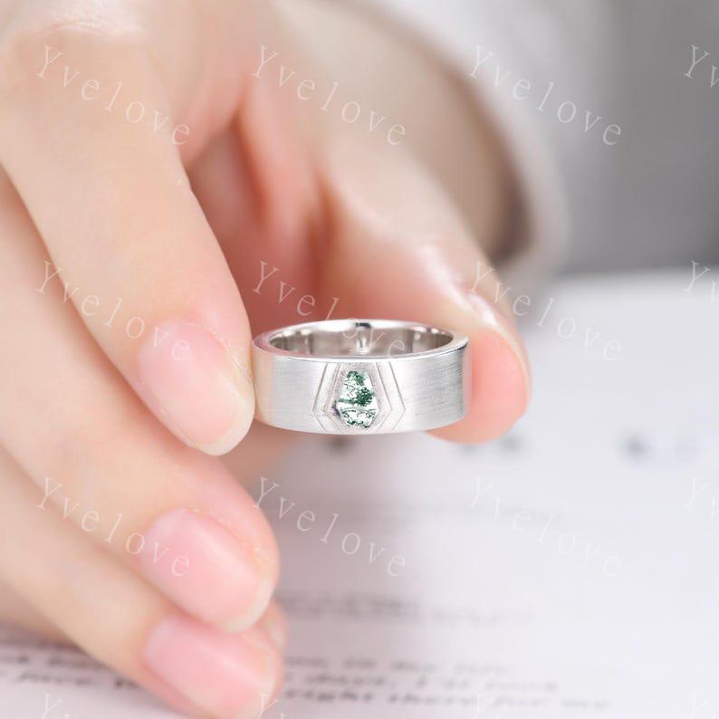 7mm Mens Coffin Cut Moss Agate Wedding Band Green Agate Engagement Ring Brushed Finish Band Mens Stacking Band His Wedding band