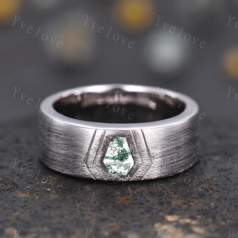 7mm Mens Coffin Cut Moss Agate Wedding Band Green Agate Engagement Ring Brushed Finish Band Mens Stacking Band His Wedding band