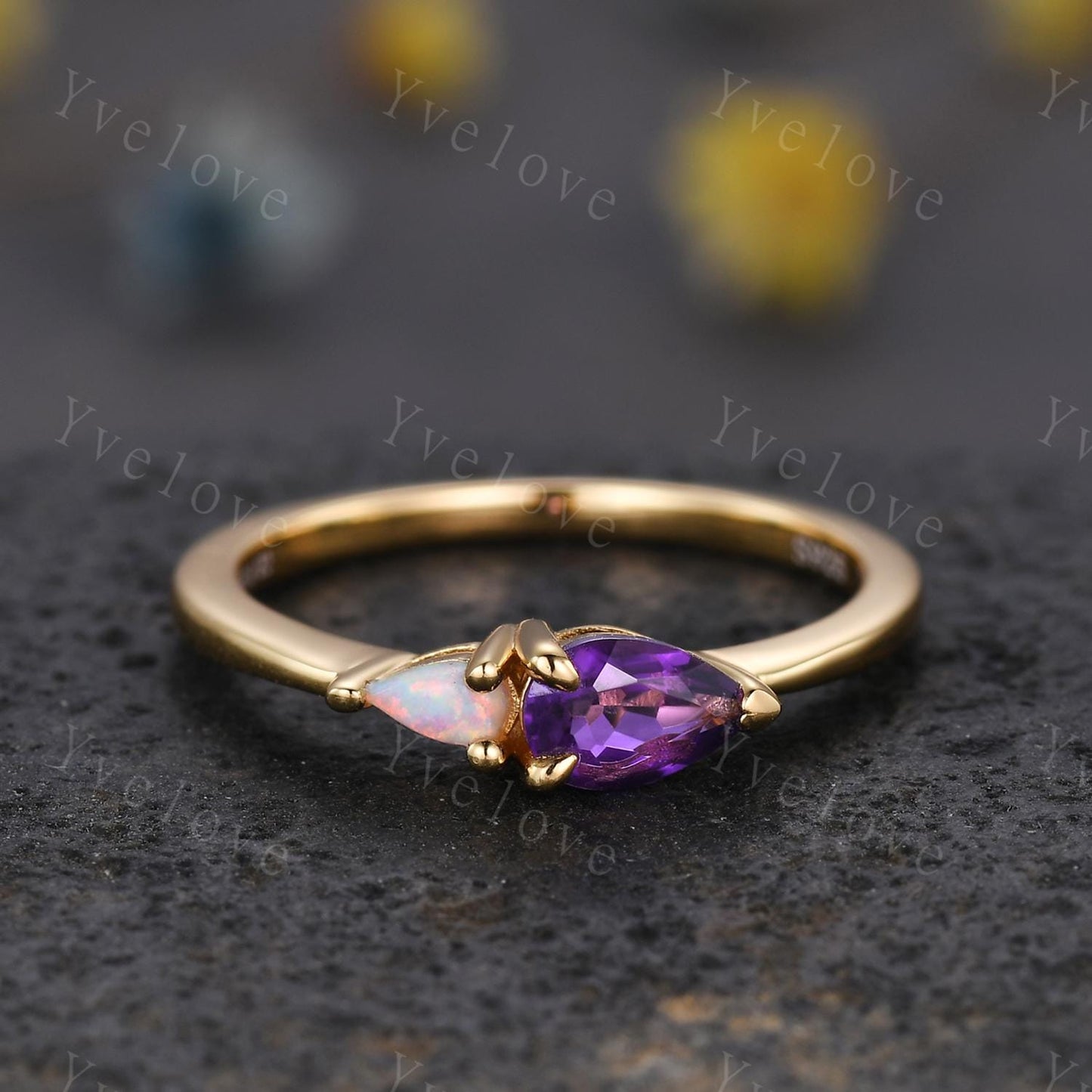 Vintage Amethyst Opal Engagement Ring,Pear Cut Gems,Art Deco Purple Amethyst Wedding Band,Unique Women Bridal Promise Ring,Customized Gift