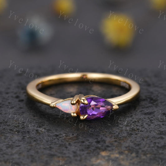 Vintage Amethyst Opal Engagement Ring,Pear Cut Gems,Art Deco Purple Amethyst Wedding Band,Unique Women Bridal Promise Ring,Customized Gift