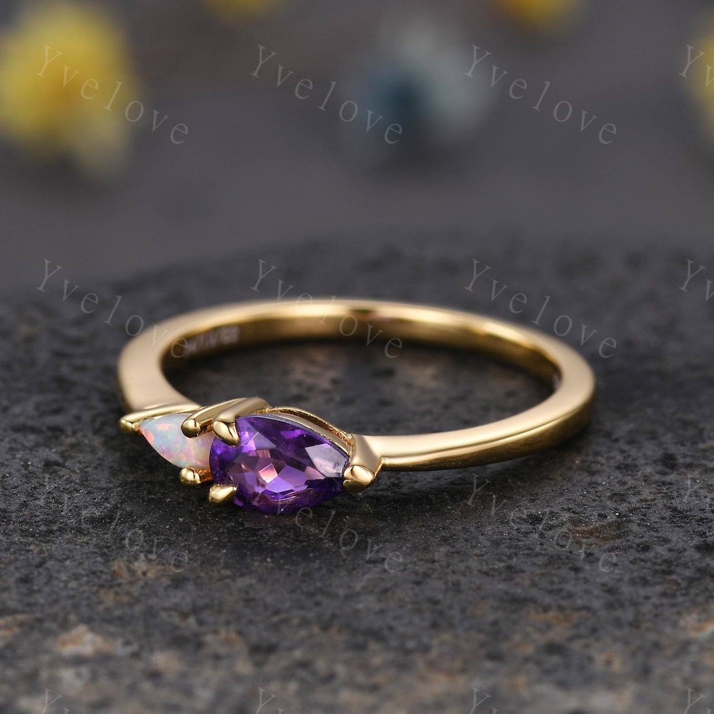 Vintage Amethyst Opal Engagement Ring,Pear Cut Gems,Art Deco Purple Amethyst Wedding Band,Unique Women Bridal Promise Ring,Customized Gift
