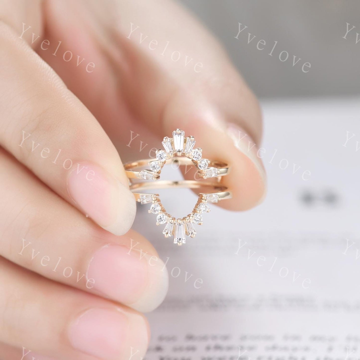 Vintage Baguette Diamond Enhancer Band Solid Gold Diamond Ring Wrap Guard Engagement Ring Jacket Enhance Wedding Ring Promise Gift For Her