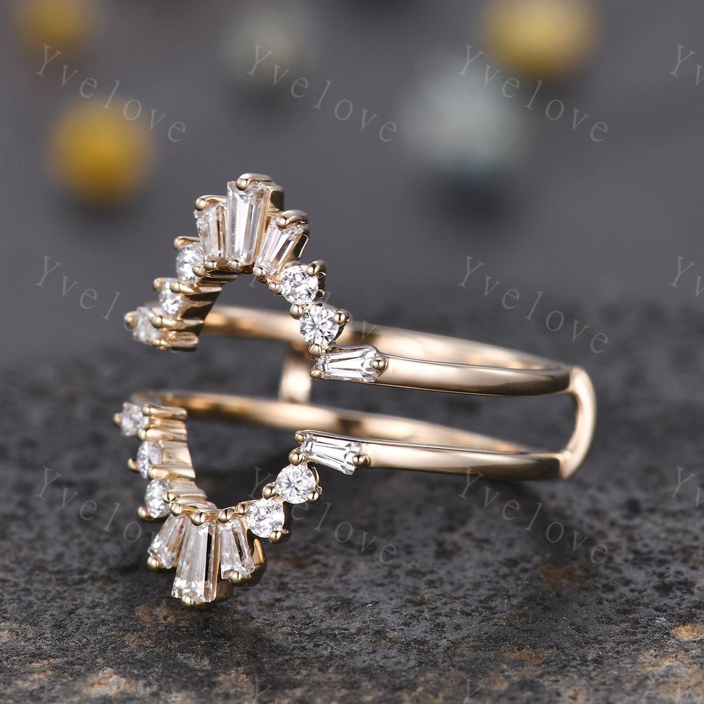 Vintage Baguette Diamond Enhancer Band Solid Gold Diamond Ring Wrap Guard Engagement Ring Jacket Enhance Wedding Ring Promise Gift For Her