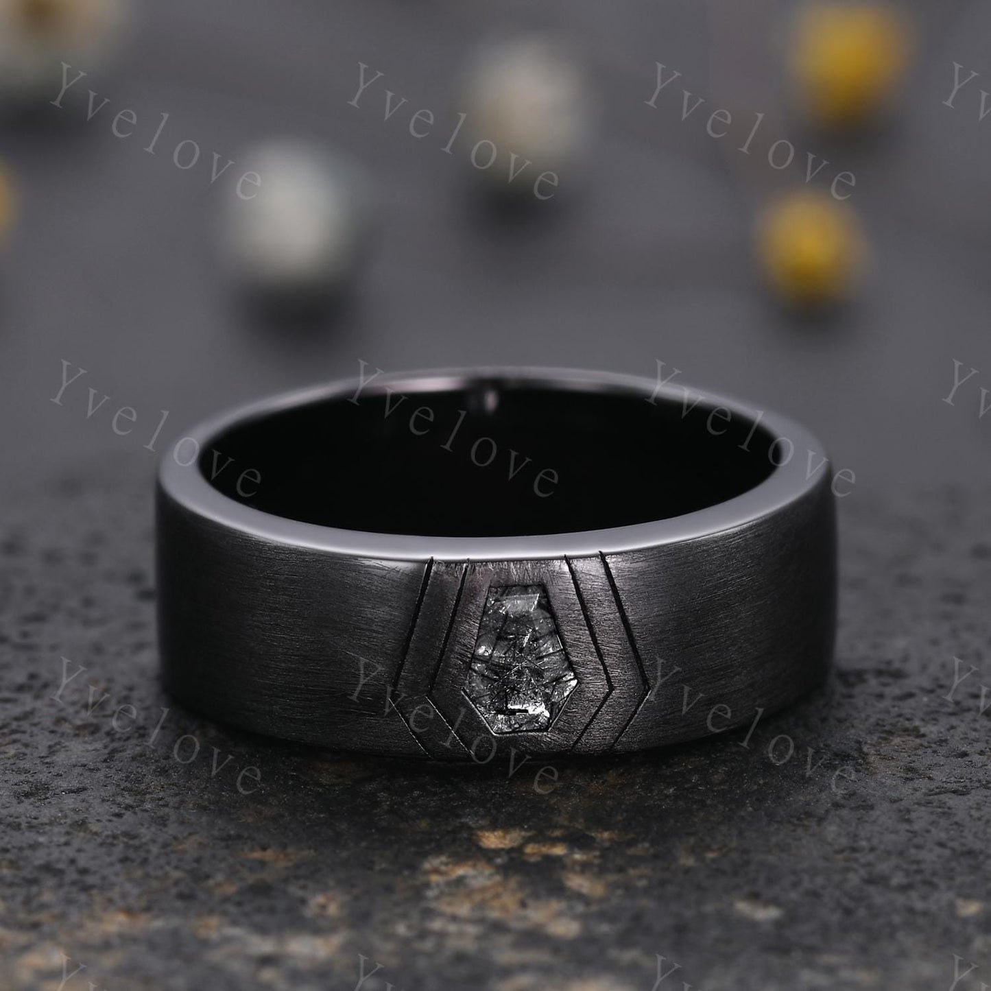 7mm Mens Coffin Cut Black Rutilate Quartz Wedding Band Black Quartz Engagement Ring Brushed Finish Band Mens Stacking Band His Wedding band