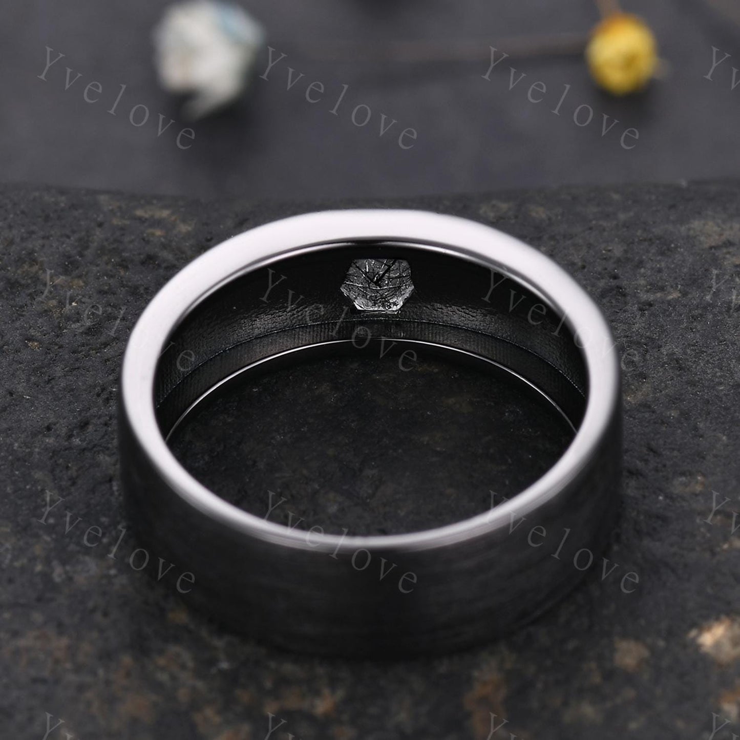 Black Gold Ring 7mm Mens Coffin Cut Black Rutilate Quartz Wedding Band Black Quartz Engagement Ring Brushed Finish Band Mens Stacking Band