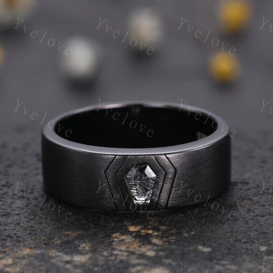 Black Gold Ring 7mm Mens Coffin Cut Black Rutilate Quartz Wedding Band Black Quartz Engagement Ring Brushed Finish Band Mens Stacking Band