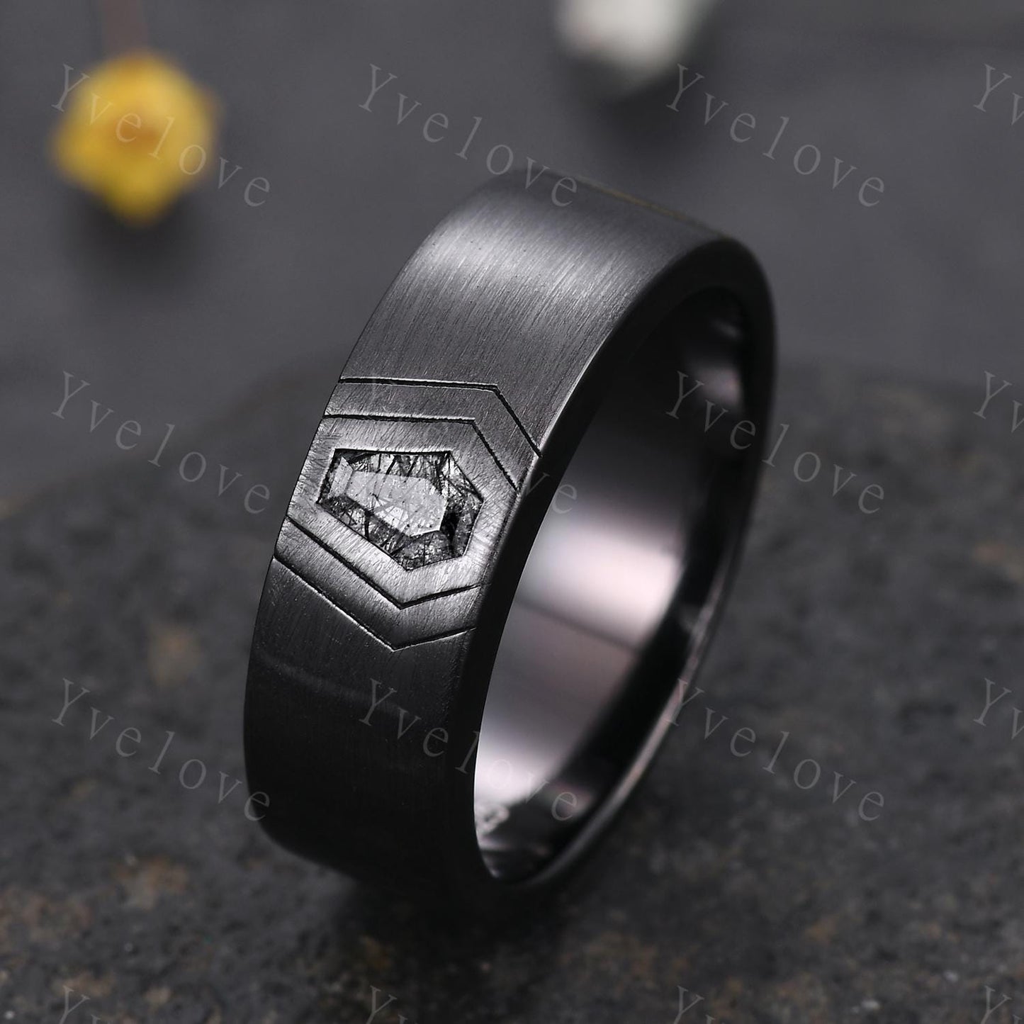 Black Gold Ring 7mm Mens Coffin Cut Black Rutilate Quartz Wedding Band Black Quartz Engagement Ring Brushed Finish Band Mens Stacking Band