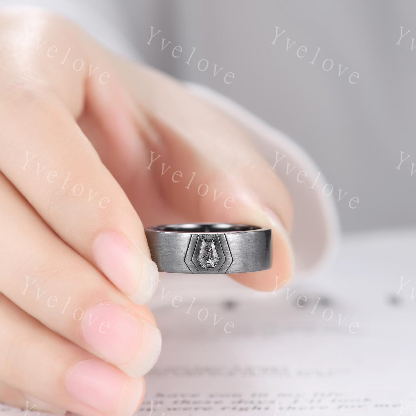 Black Gold Ring 7mm Mens Coffin Cut Black Rutilate Quartz Wedding Band Black Quartz Engagement Ring Brushed Finish Band Mens Stacking Band