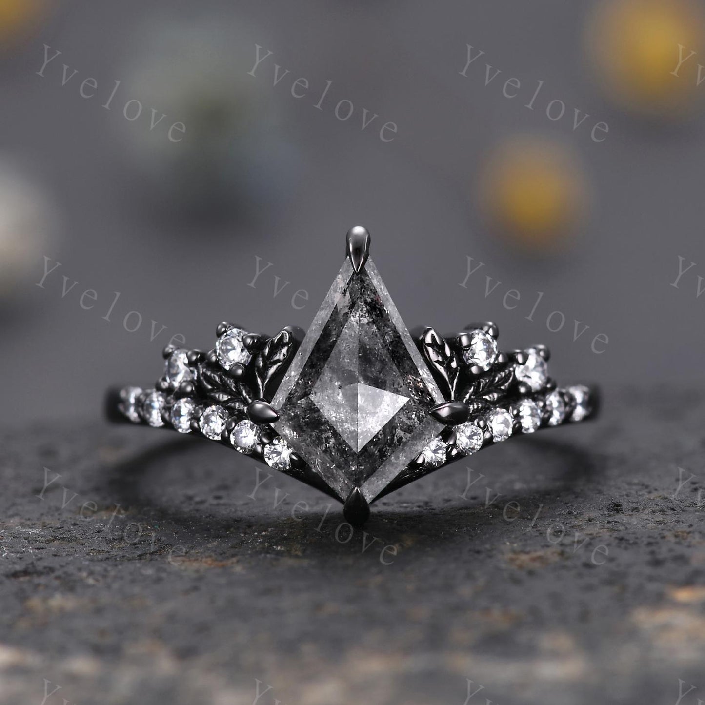 Retro Kite Salt Pepper Diamond Engagement Ring Set,Gothic Leaf Nature Inspired Black Gold Ring,Black Gem Diamond Bridal Ring Women Gift