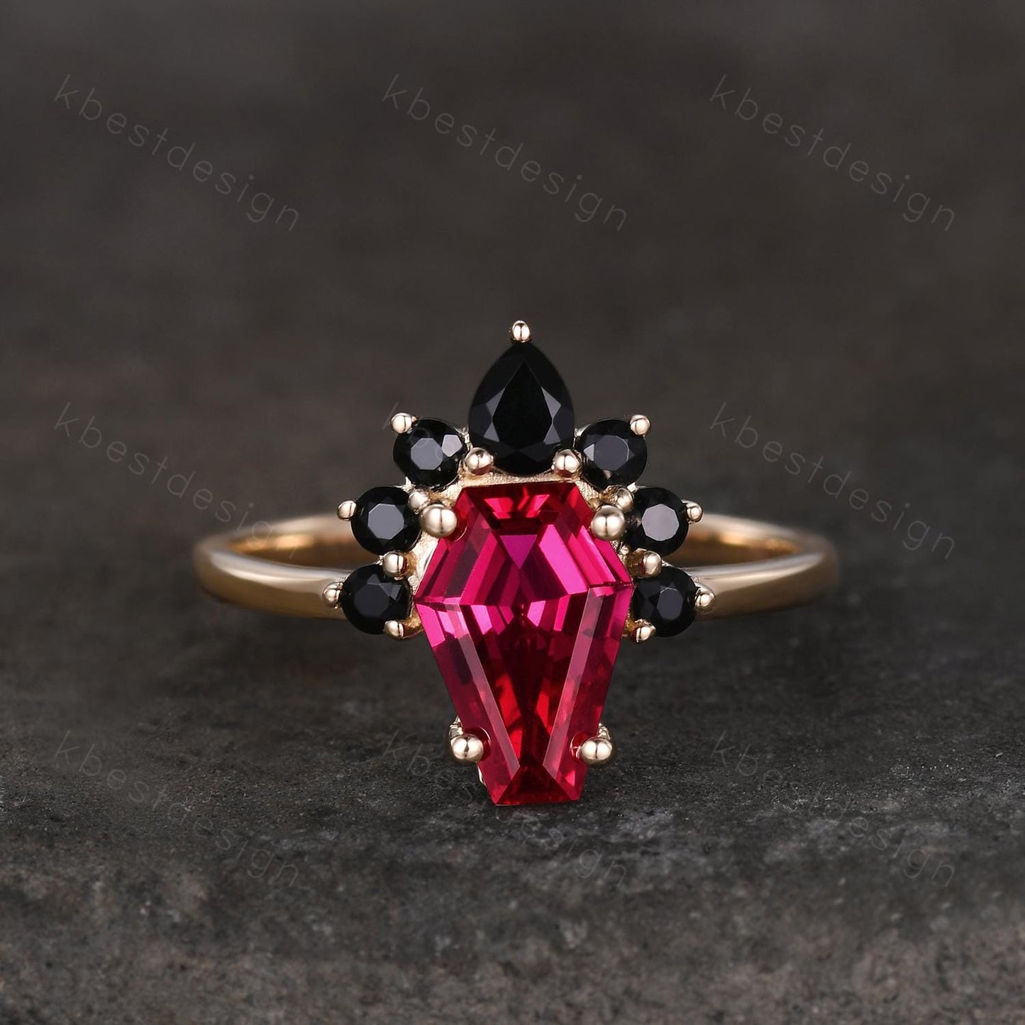 Coffin shaped Ruby engagement ring Unique art deco black spinel ring yellow gold ring vintage bridal promise ring July birthstone ring