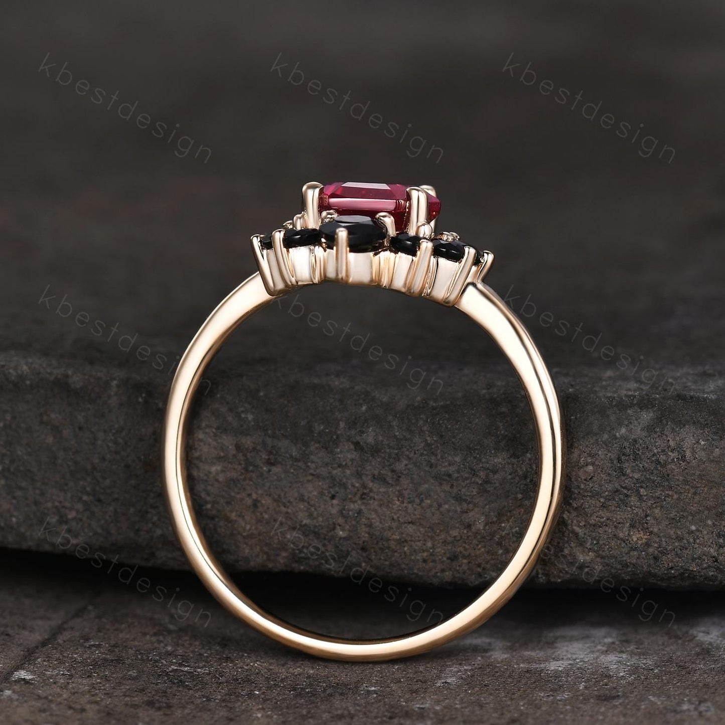 Coffin shaped Ruby engagement ring Unique art deco black spinel ring yellow gold ring vintage bridal promise ring July birthstone ring