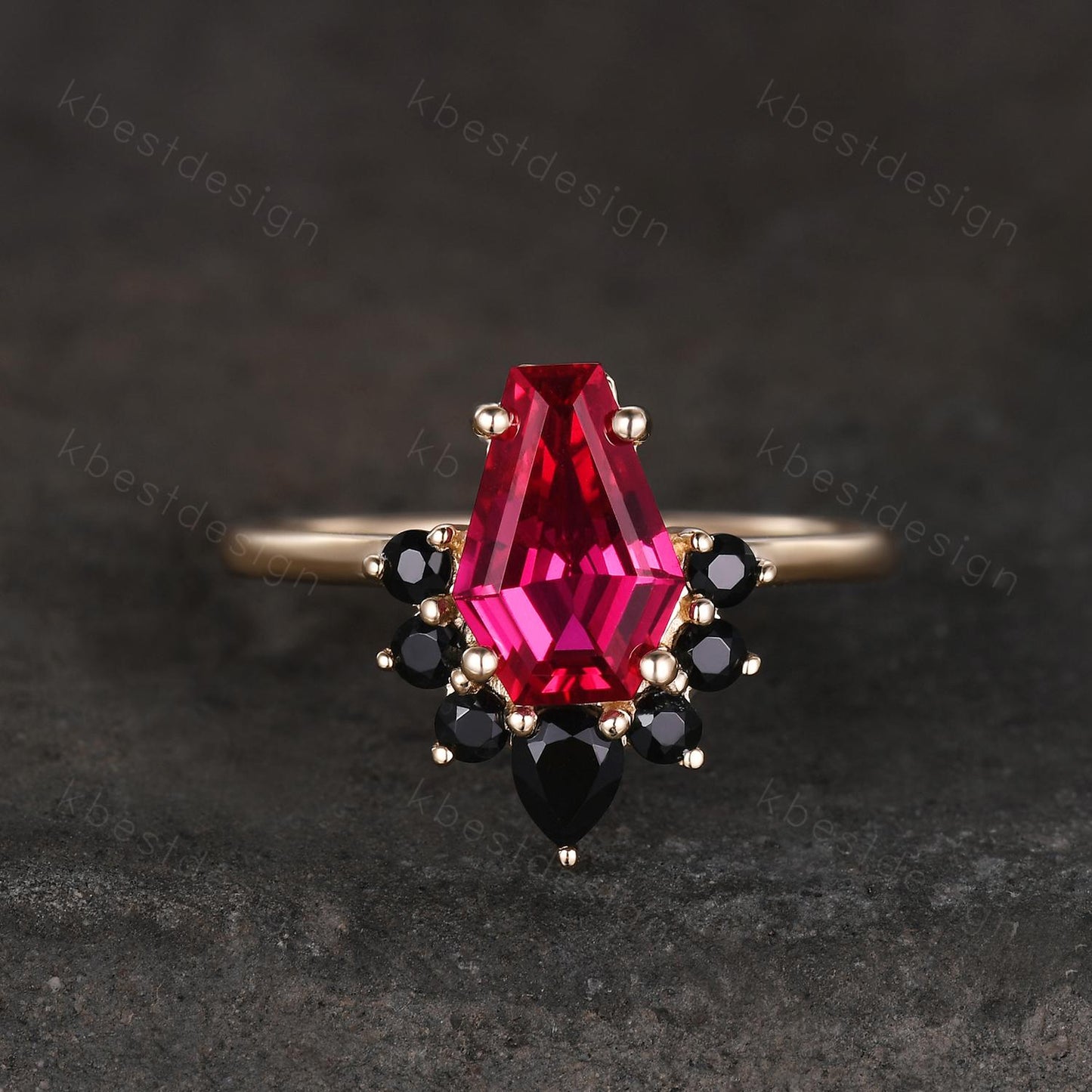 Coffin shaped Ruby engagement ring Unique art deco black spinel ring yellow gold ring vintage bridal promise ring July birthstone ring