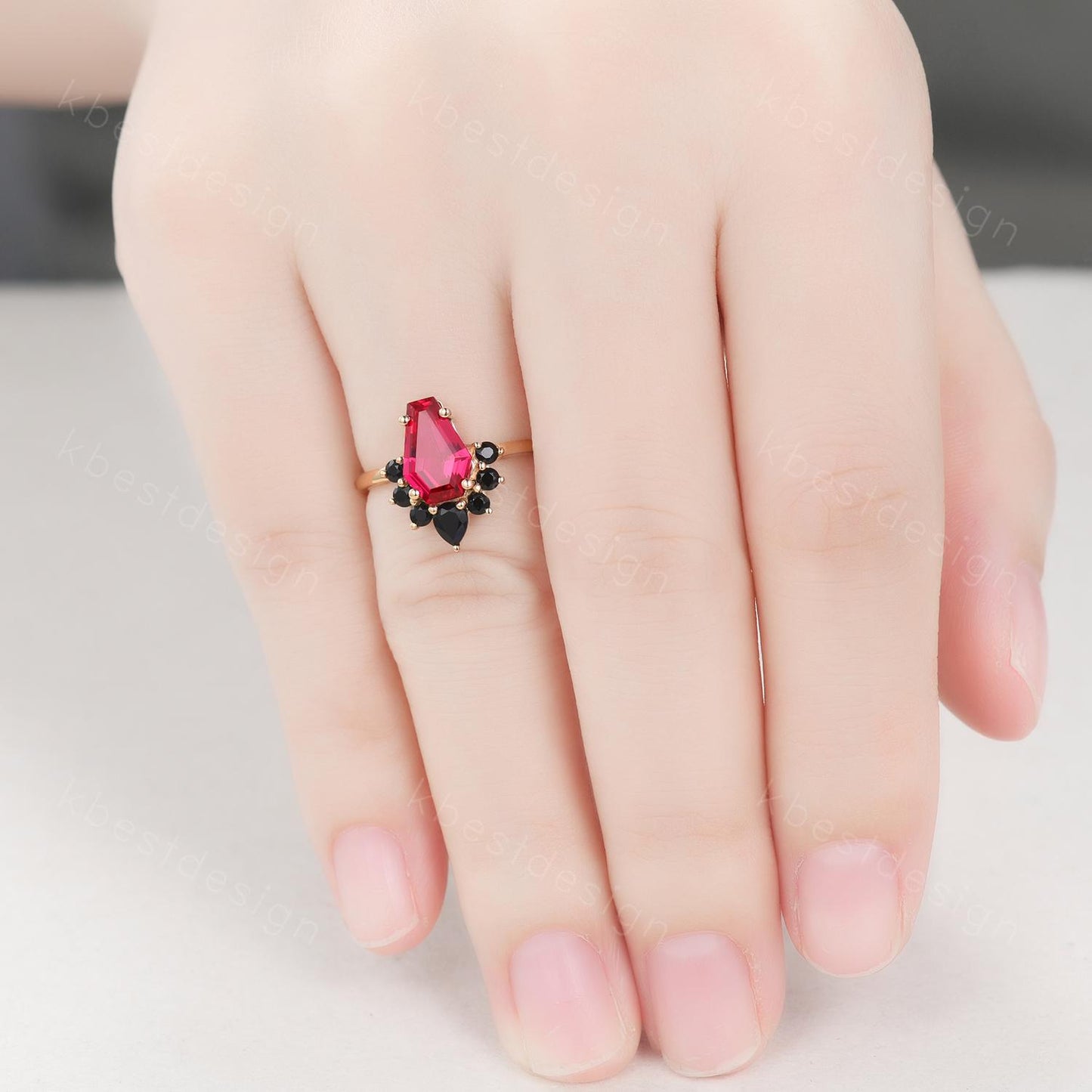 Coffin shaped Ruby engagement ring Unique art deco black spinel ring yellow gold ring vintage bridal promise ring July birthstone ring