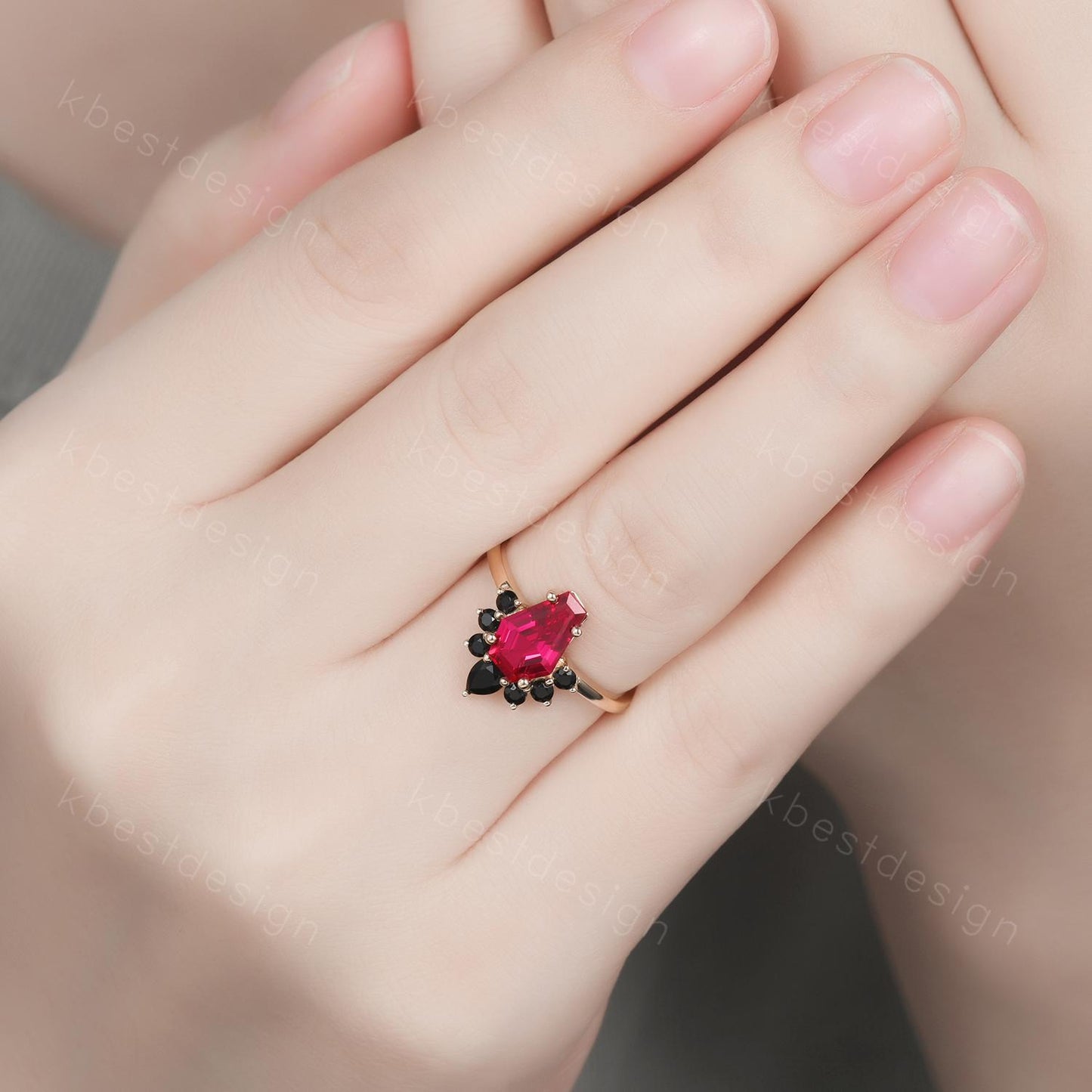 Coffin shaped Ruby engagement ring Unique art deco black spinel ring yellow gold ring vintage bridal promise ring July birthstone ring