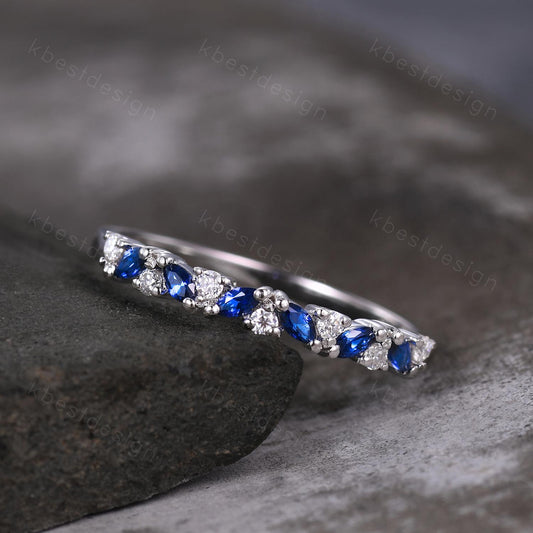 Blue Sapphire cluster wedding band Unique marquise cut wedding band Vintage Moissanite ring Sterling silver ring Anniversary gift for Her