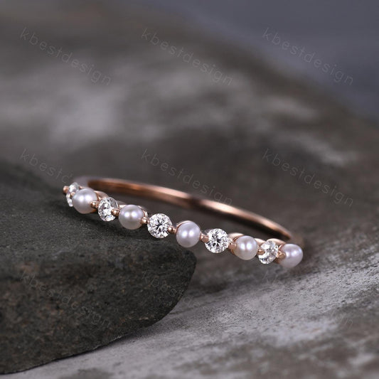 Pearl Moissanite wedding band Unique half eternity wedding band Vintage Moissanite ring rose gold ring Anniversary gift for Her
