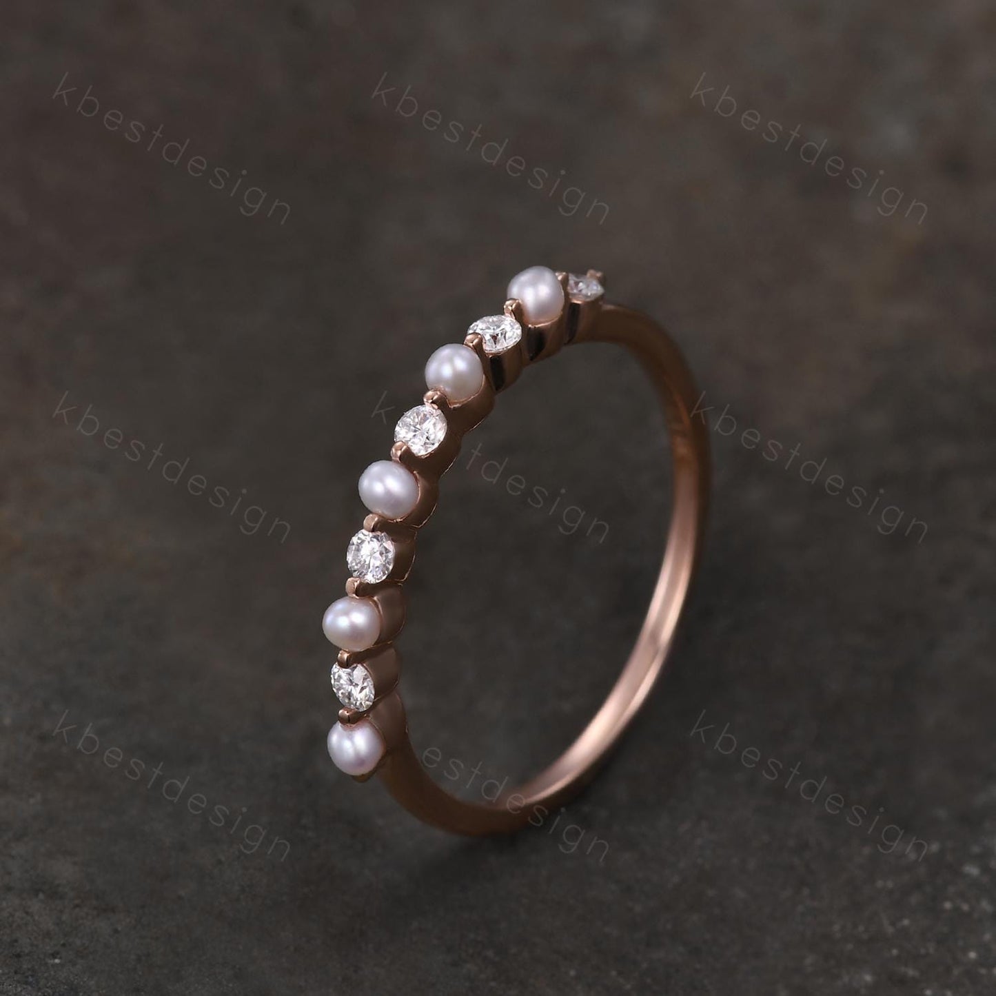 Pearl Moissanite wedding band Unique half eternity wedding band Vintage Moissanite ring rose gold ring Anniversary gift for Her