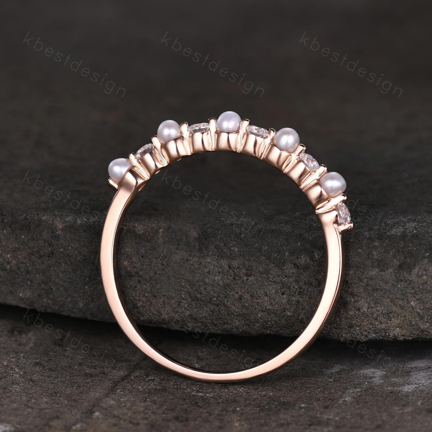 Pearl Moissanite wedding band Unique half eternity wedding band Vintage Moissanite ring rose gold ring Anniversary gift for Her