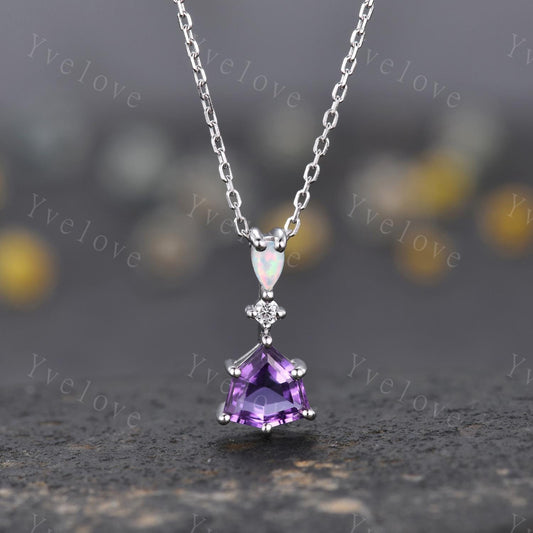 Art deco trillion cut amethyst pendant white gold unique purple amethyst white opal engagement necklace women retro wedding necklace gift