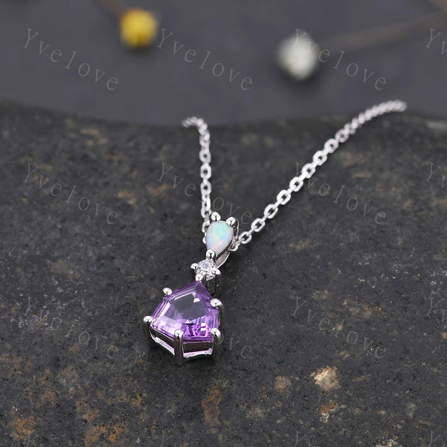 Art deco trillion cut amethyst pendant white gold unique purple amethyst white opal engagement necklace women retro wedding necklace gift