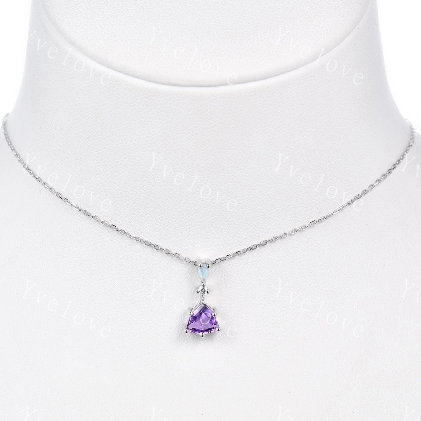 Art deco trillion cut amethyst pendant white gold unique purple amethyst white opal engagement necklace women retro wedding necklace gift