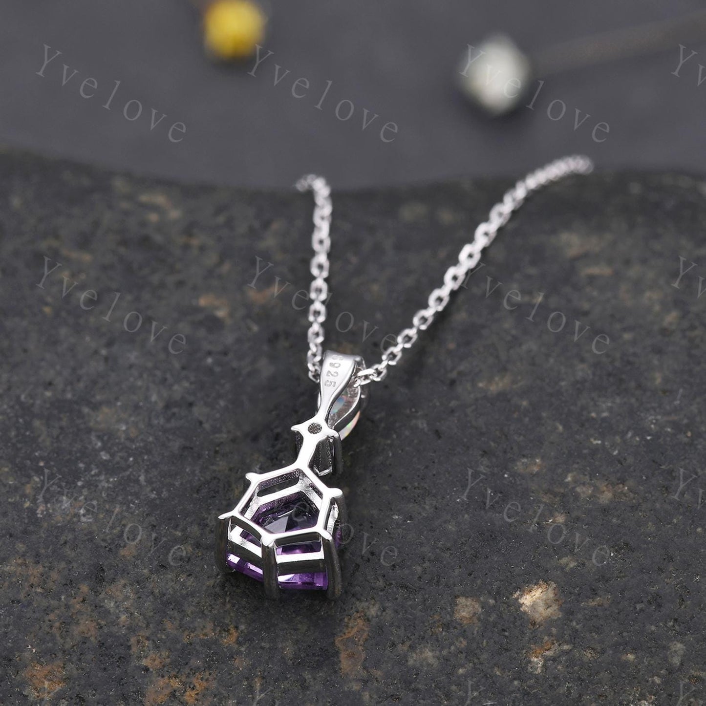Art deco trillion cut amethyst pendant white gold unique purple amethyst white opal engagement necklace women retro wedding necklace gift