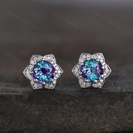 Vintage round Alexandrite earrings antique moissanite halo earrings studs silver color changing stone studs June Birthstone gift for her