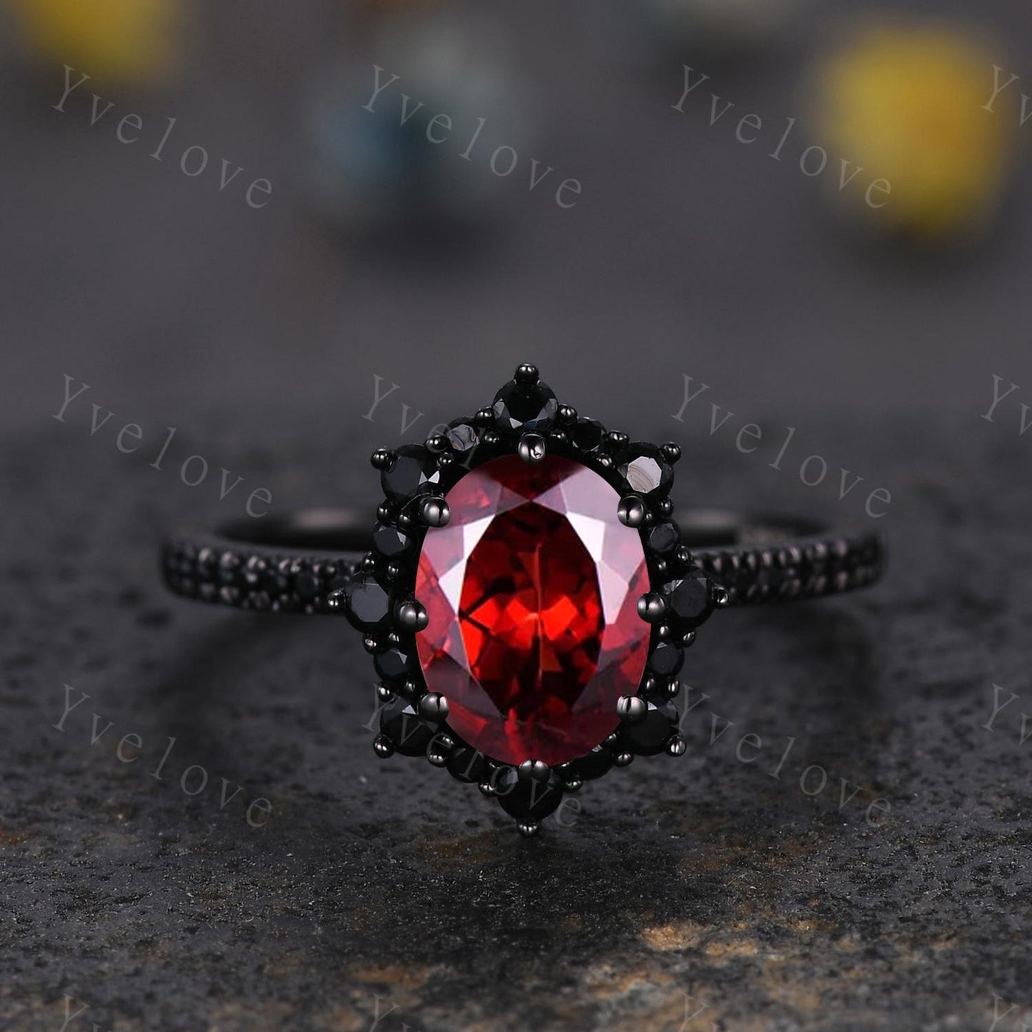 Gothic Oval Shape Red Garnet Engagement Ring Set,Black Gold Black Diamond Promise Ring Set Unique Rhodium Black Witchy Ring Bridal Set Gift