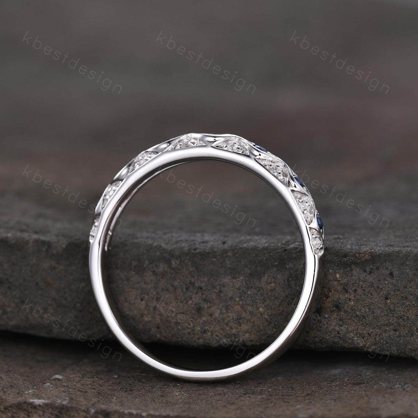 Antique Blue Sapphire Wedding Band Women Vintage Ruby Wedding Band Multi Gemstone Band Art Deco Stacking Matching Band Anniversary Ring