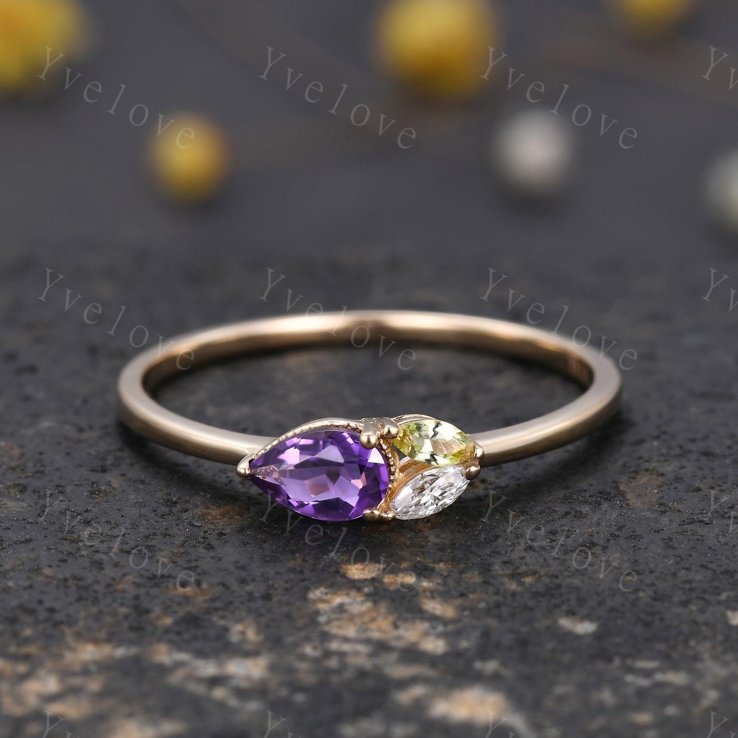 Minimalist Amethyst Engagement Ring,Pear Cut Gem,Art Deco Peridot Moissanite Wedding Band,3 Stone Unique Women Bridal Leaf Cluster Ring Gift