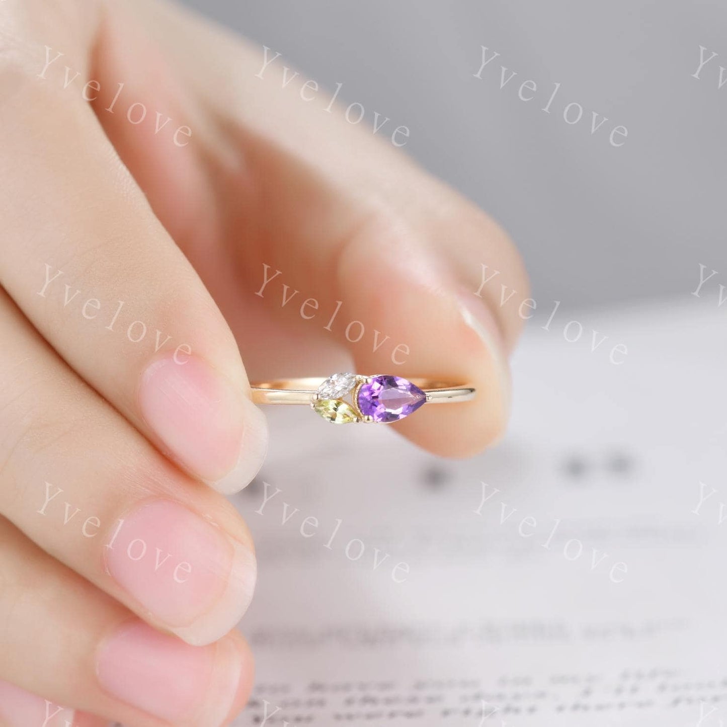 Minimalist Amethyst Engagement Ring,Pear Cut Gem,Art Deco Peridot Moissanite Wedding Band,3 Stone Unique Women Bridal Leaf Cluster Ring Gift