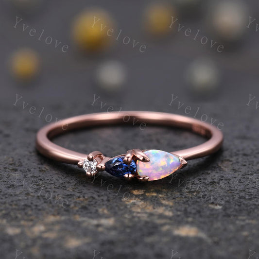 Vintage Opal Sapphire Engagement Ring,Pear Cut Gems,Art Deco Moissanite Wedding Band,3 Stone Unique Women Bridal Promise Ring,Customized