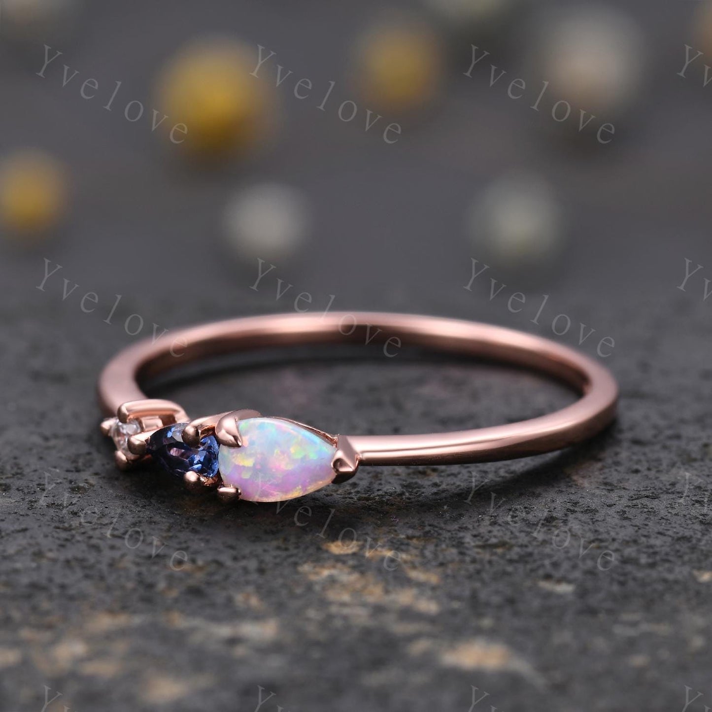Vintage Opal Sapphire Engagement Ring,Pear Cut Gems,Art Deco Moissanite Wedding Band,3 Stone Unique Women Bridal Promise Ring,Customized