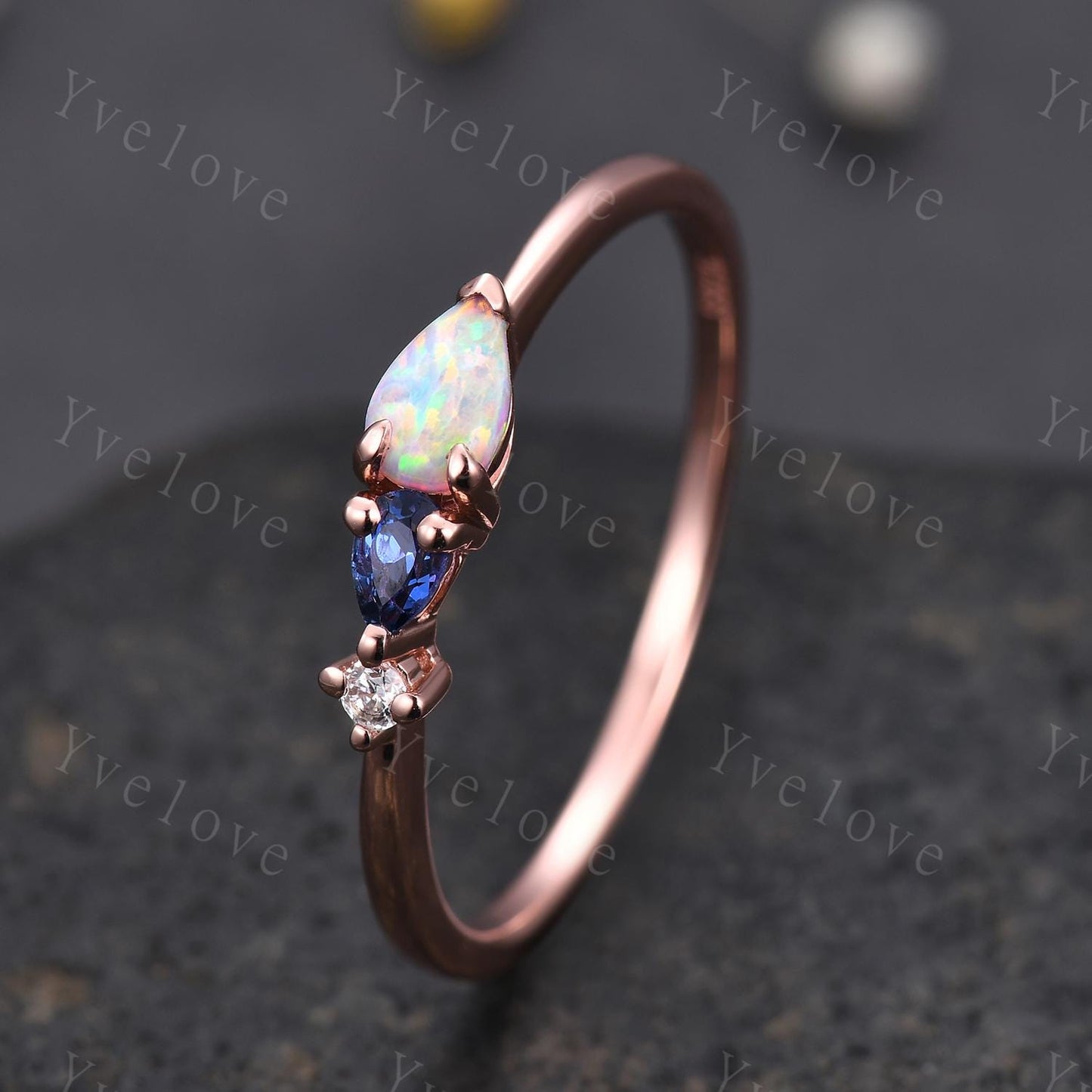 Vintage Opal Sapphire Engagement Ring,Pear Cut Gems,Art Deco Moissanite Wedding Band,3 Stone Unique Women Bridal Promise Ring,Customized