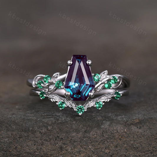 Coffin cut Alexandrite Engagement Ring Set Art Deco Branch Design Leaf Ring Curved Emerald Stacking Band Unique Bridal Promise Ring Gift