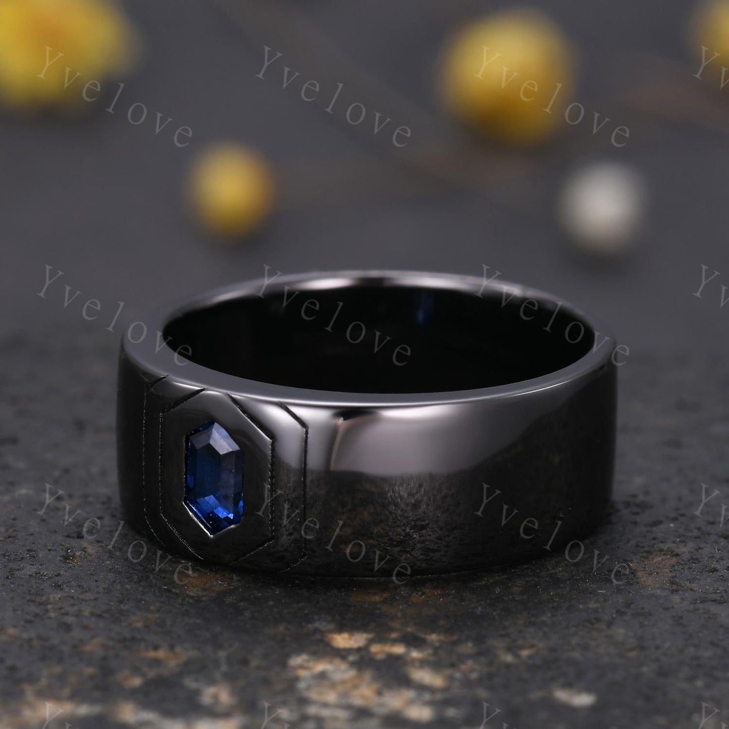 7mm Black Gold Mens Hexagon Sapphire Wedding Band Blue Sapphire Engagement Ring Smooth Band Mens Stacking Band Promise Ring Anniversary Gift