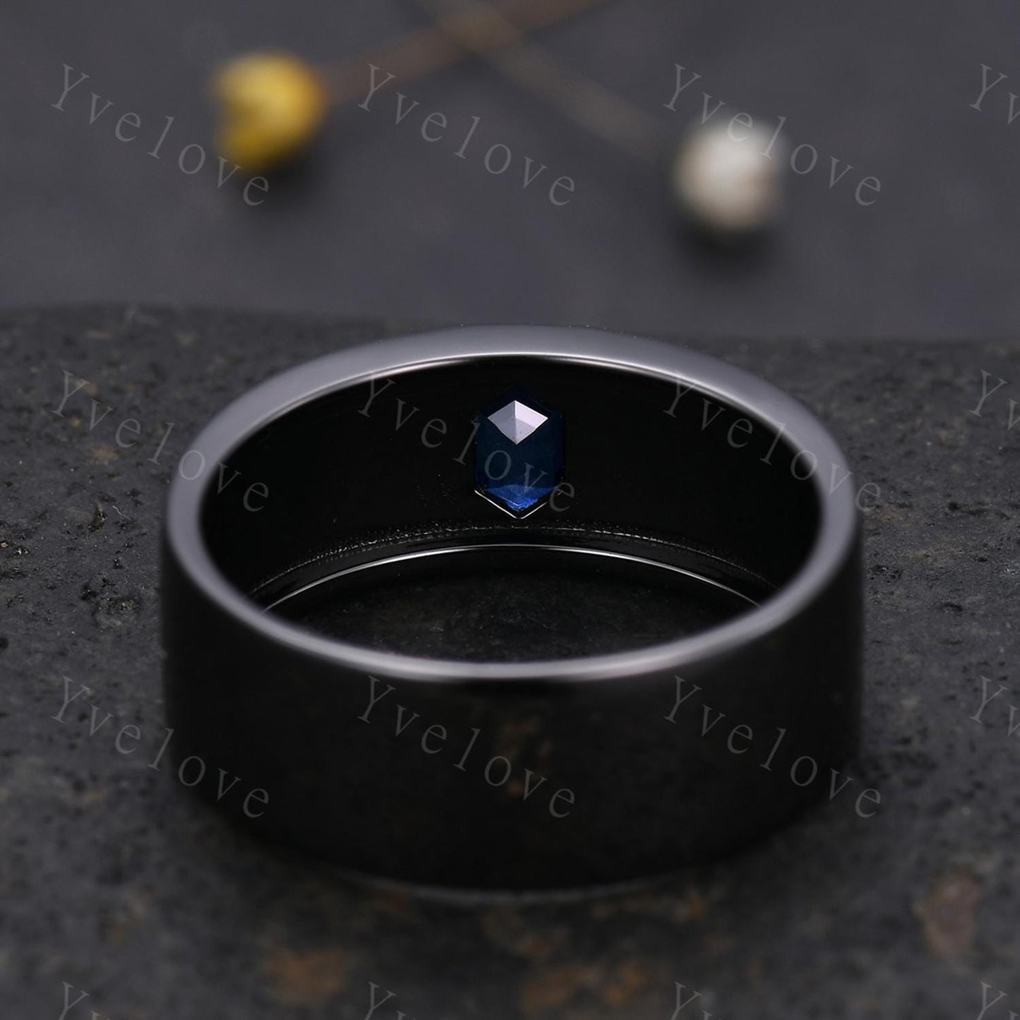 7mm Black Gold Mens Hexagon Sapphire Wedding Band Blue Sapphire Engagement Ring Smooth Band Mens Stacking Band Promise Ring Anniversary Gift