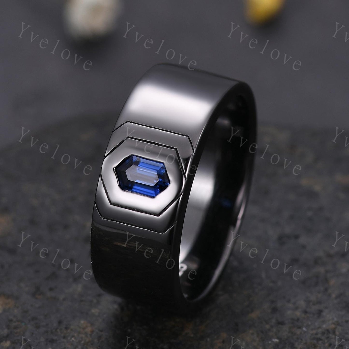 7mm Black Gold Mens Hexagon Sapphire Wedding Band Blue Sapphire Engagement Ring Smooth Band Mens Stacking Band Promise Ring Anniversary Gift
