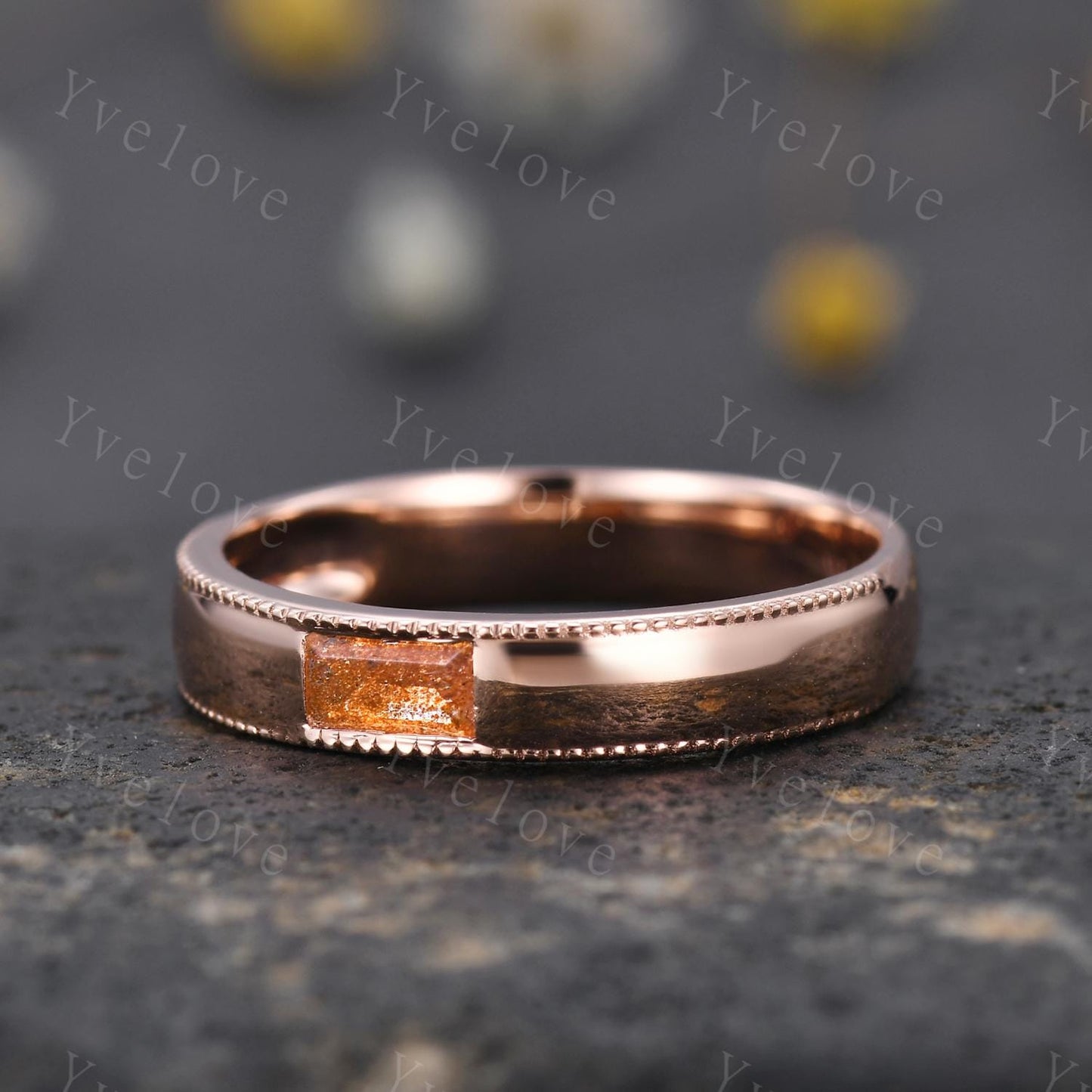 Mens Sunstone Wedding Band Baguette Cut Sunstone Band 5mm Rose Gold Ring Mens Round Beaded Stacking Matching Band Retro Vintage Ring Gift