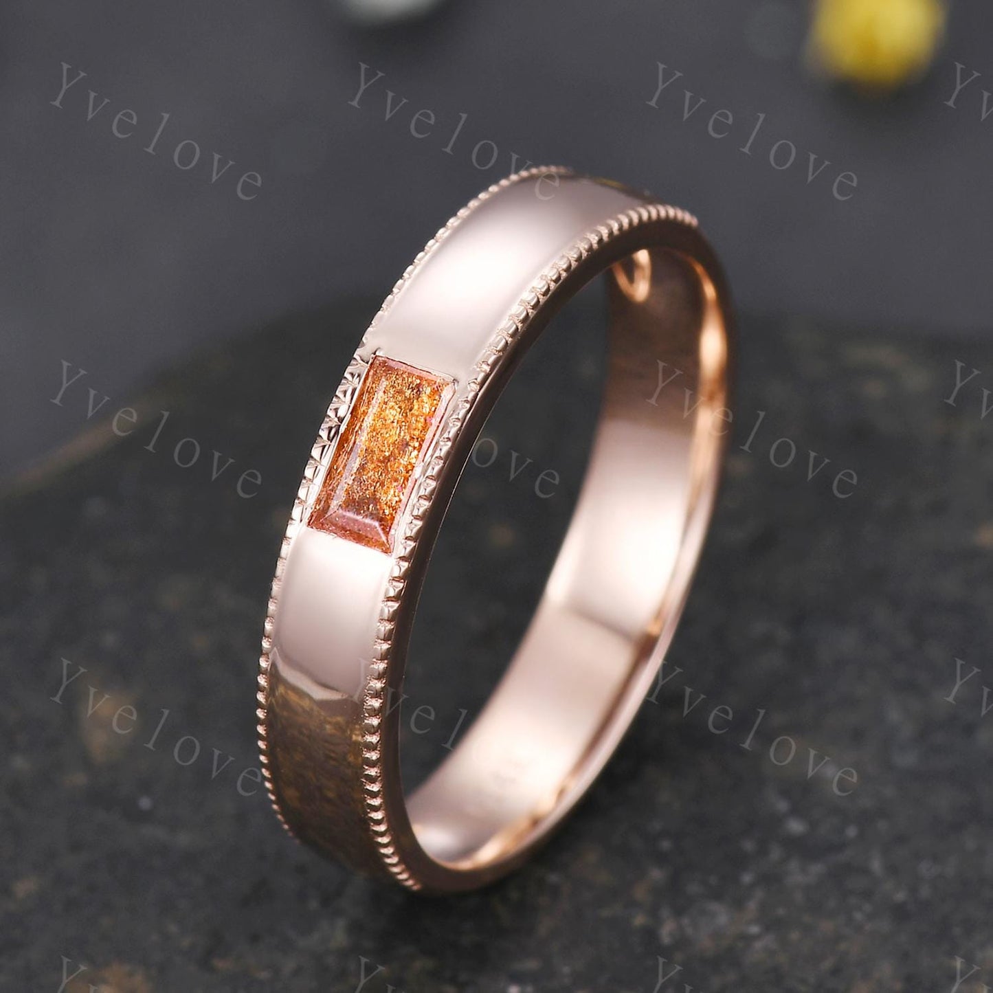 Mens Sunstone Wedding Band Baguette Cut Sunstone Band 5mm Rose Gold Ring Mens Round Beaded Stacking Matching Band Retro Vintage Ring Gift