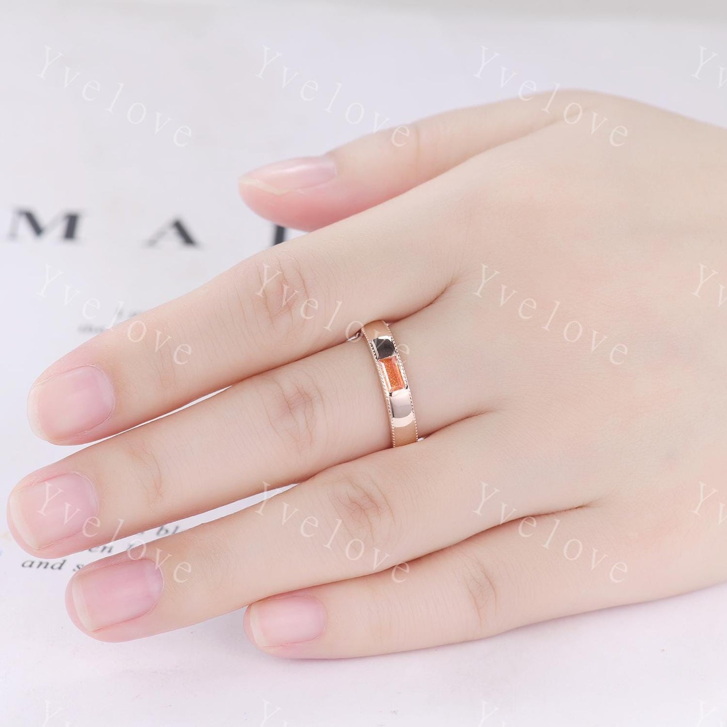 Mens Sunstone Wedding Band Baguette Cut Sunstone Band 5mm Rose Gold Ring Mens Round Beaded Stacking Matching Band Retro Vintage Ring Gift