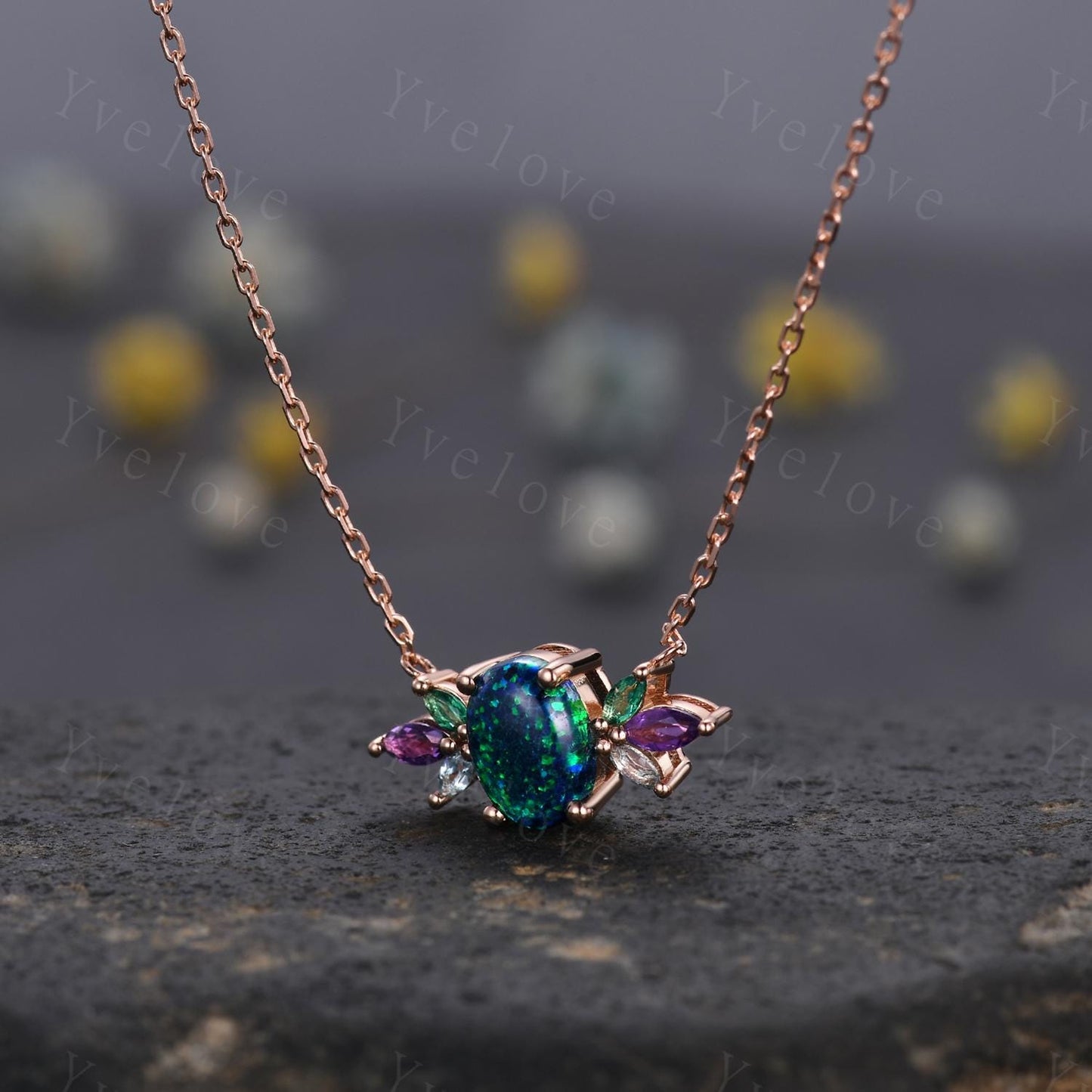 Vintage unique oval cut black opal necklace 14k rose gold emerald amethyst personalized pendant for women anniversary promise gift for her